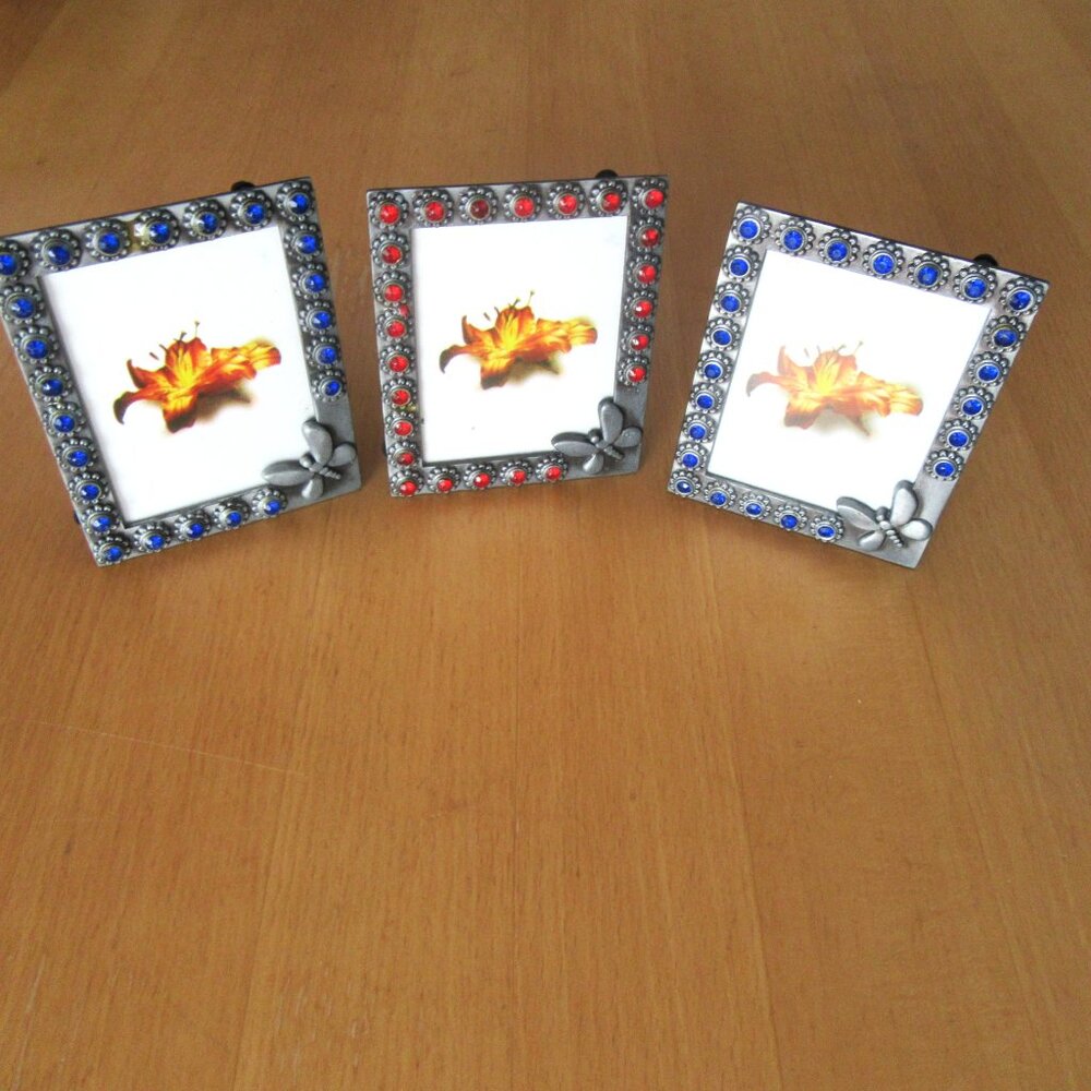 Rectangle picture photo frames with blue or red rhinestones - set of 3 - unused